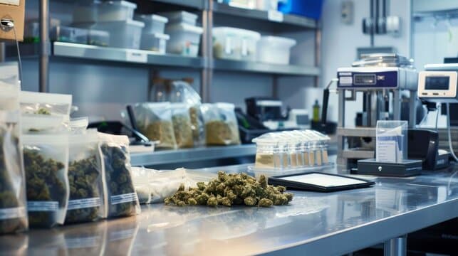 Precision weighing of cannabis flower for white label prerolls at JIT Distro's California facility